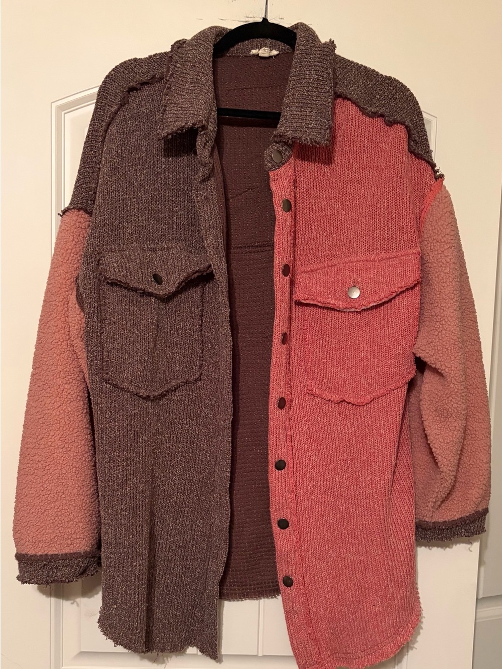 POL Two-Tone Brown and Pink Mixed-Media Shirt Jacket